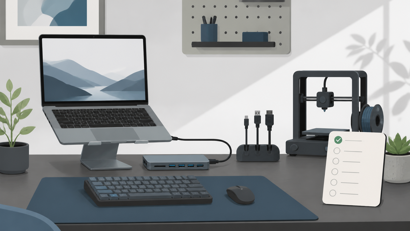 ノートPC、キーボード、USB-Cハブ、3Dプリンターを整えたデスクの編集用イラスト