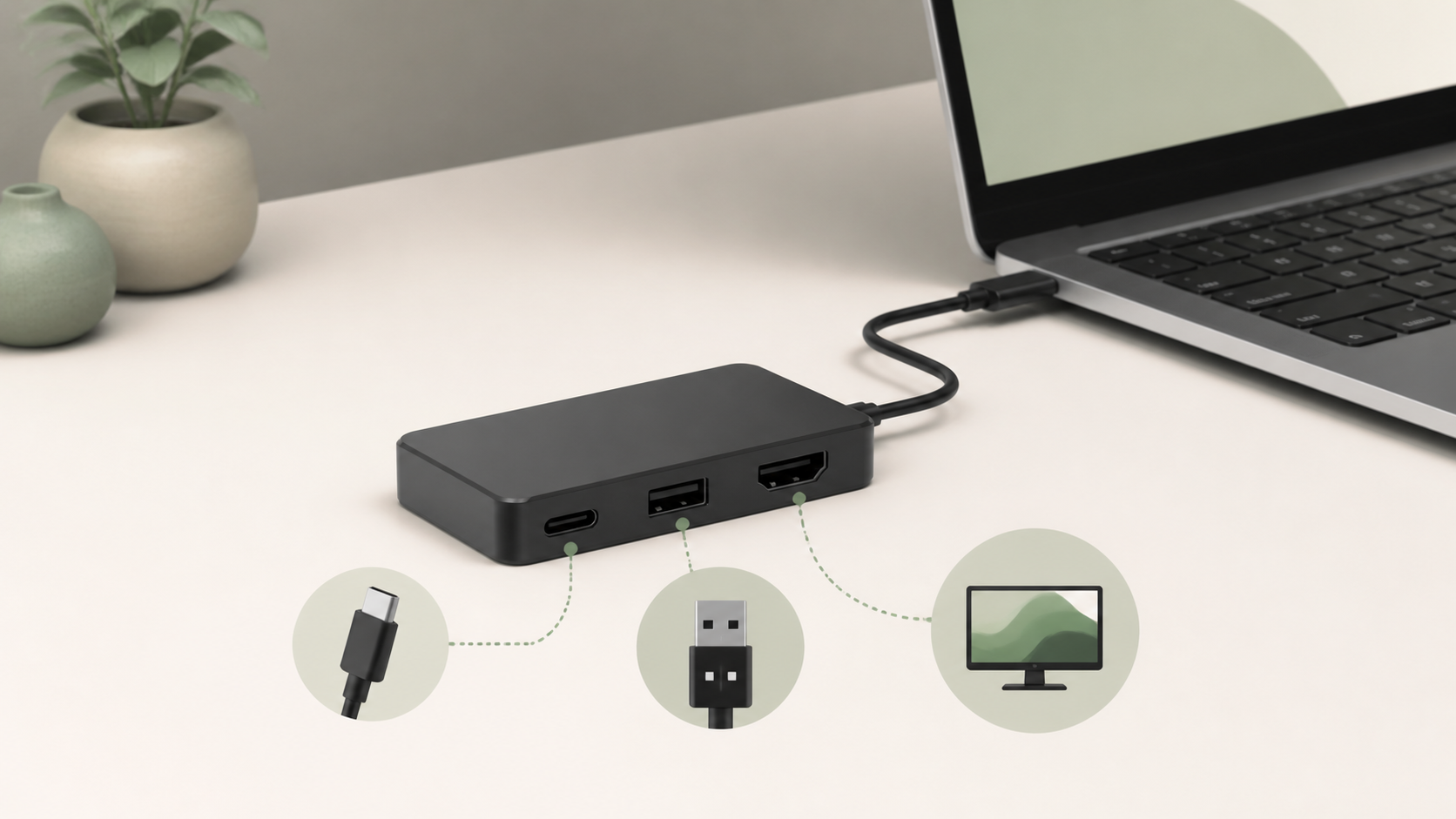 ノートPCとUSB-Cハブ、映像・データ機器を描いた概念図