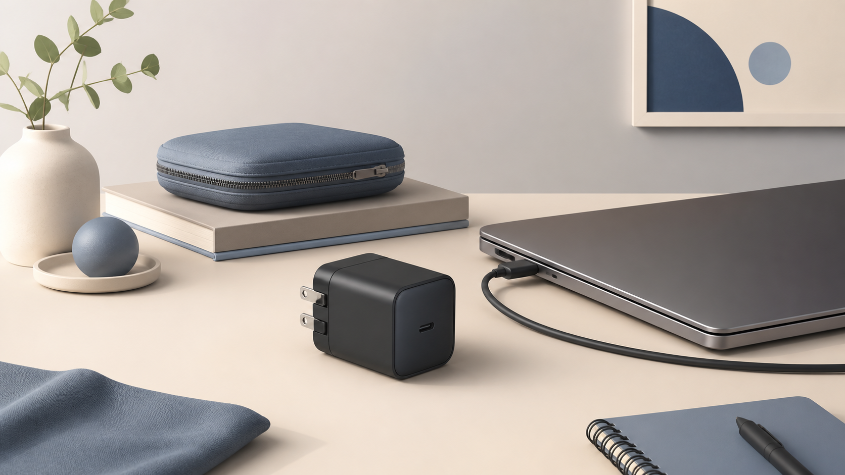 コンパクトなUSB-C充電器とノートPCを描いた概念図