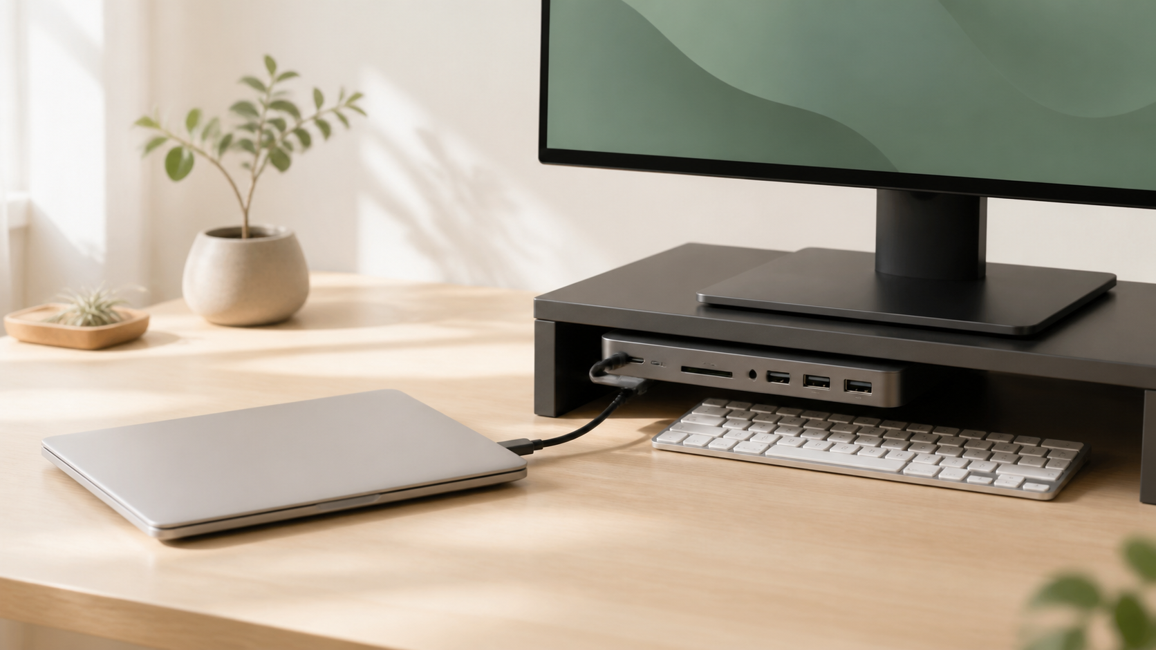 モニター下にUSB-Cドッキングステーションを置いたデスクの編集用イメージ