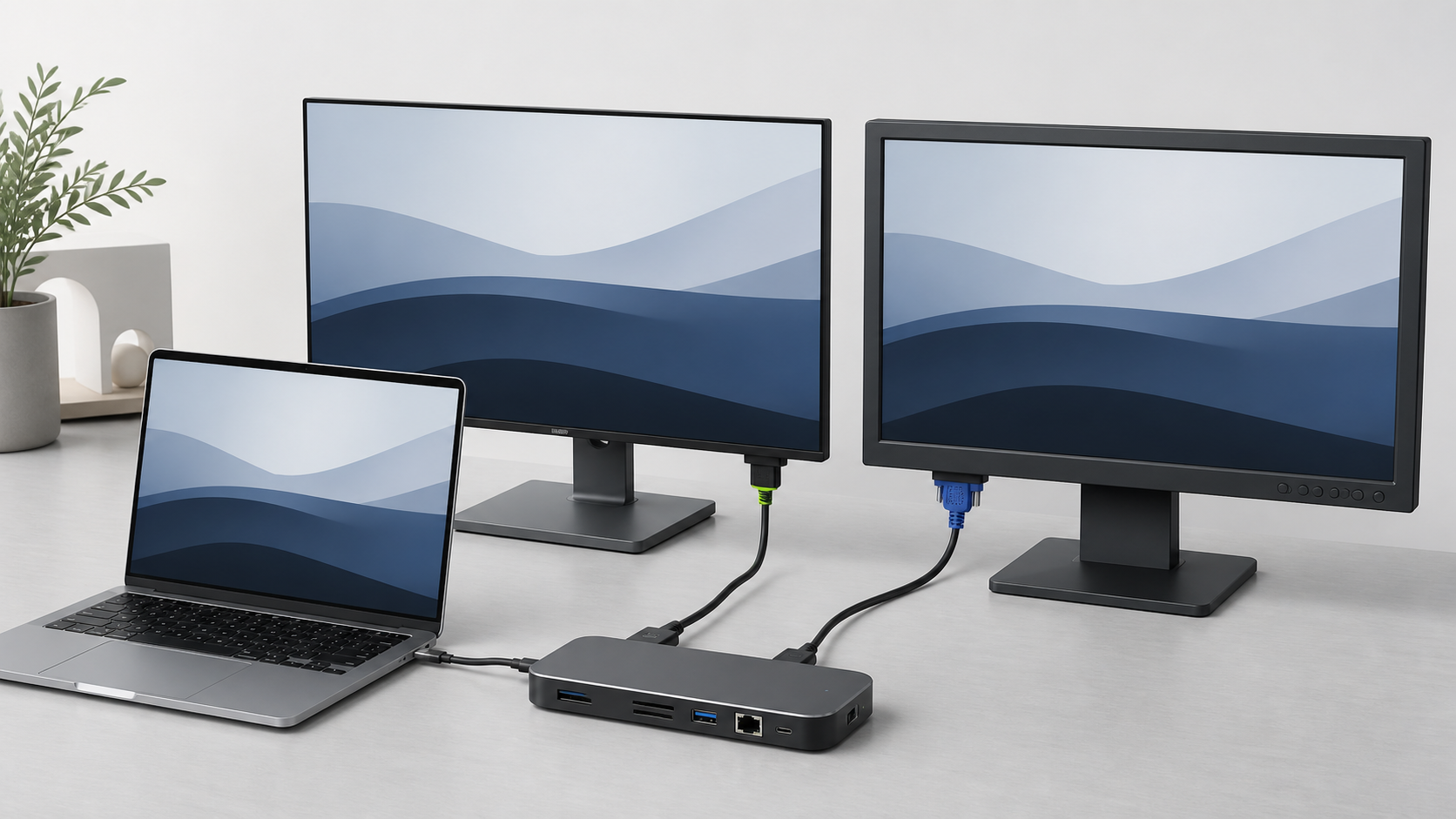 ノートPCと2台のディスプレイ、USB-Cハブの接続を示す概念図