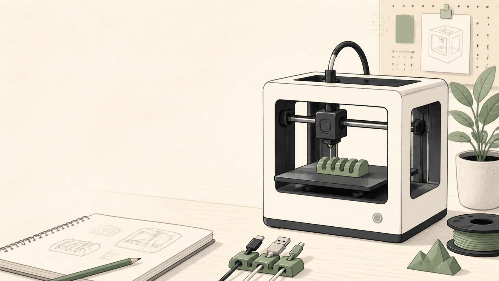 小型3Dプリンターと3Dプリントの作業風景