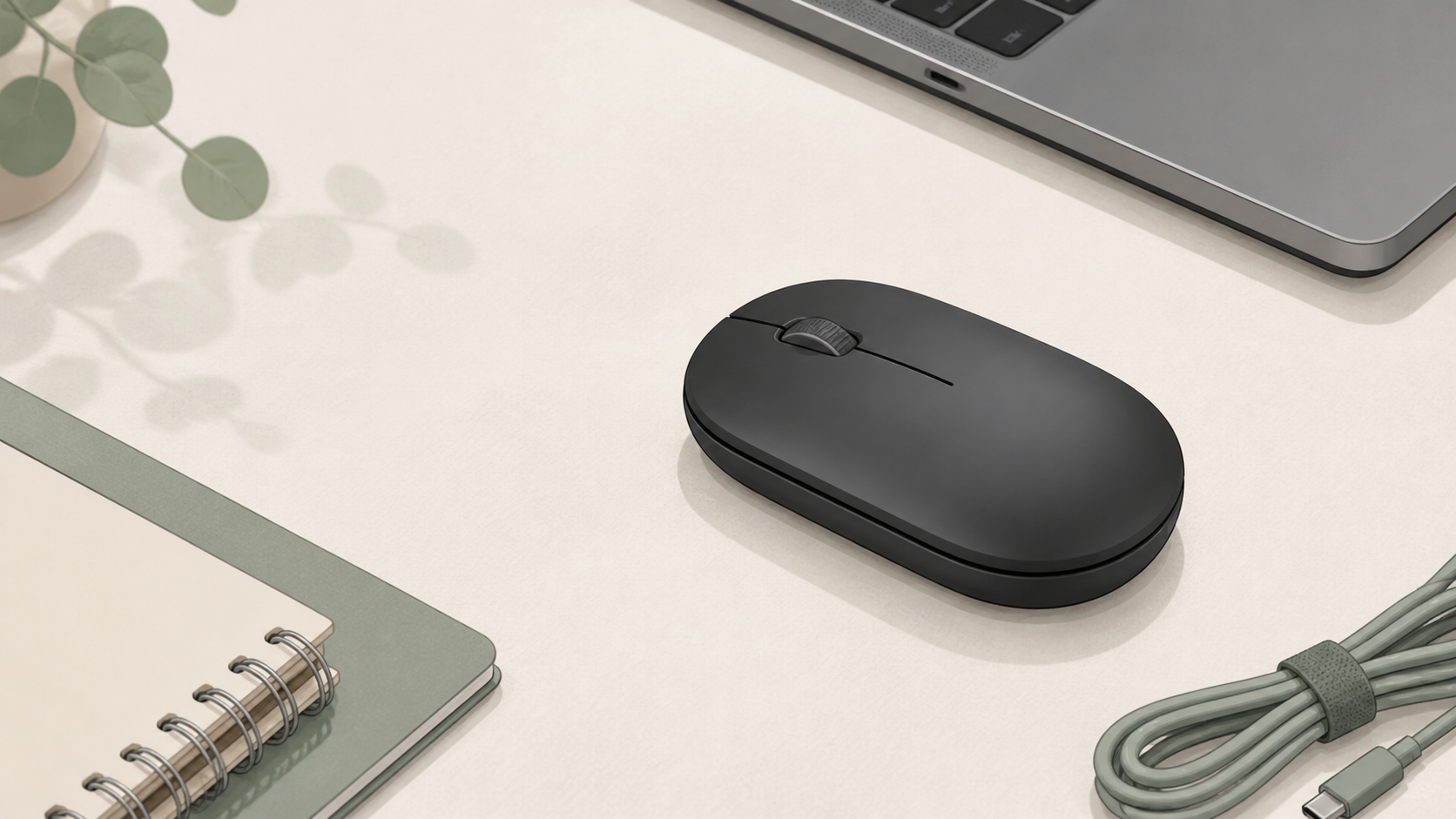 コンパクトなBluetoothマウスとノートPCを描いた概念図